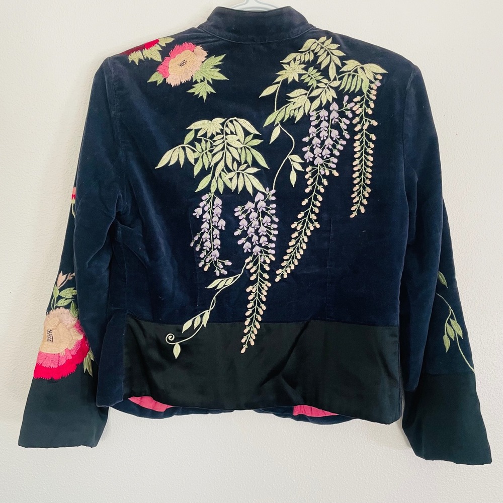 FEI Anthropologie Navy Velvet Embroidered Floral Jacket Mandarin Collar Womens 2 - Picture 11 of 14